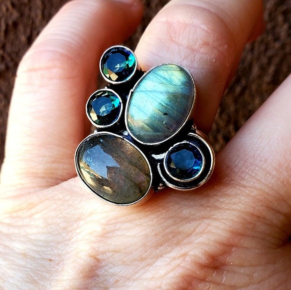 New Labradorite & Bi-Color Tourmaline Silver Ring. - Picture 7 of 16